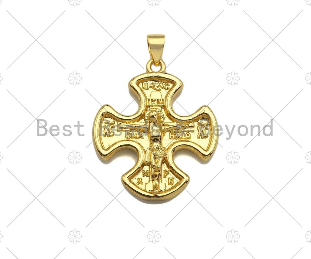18K Dainty Gold Jesus On Cross Clover Shape Pendant/Charm, Jesus Carm,Necklace Bracelet Charm Pendant,23x27mm, Sku#LK224