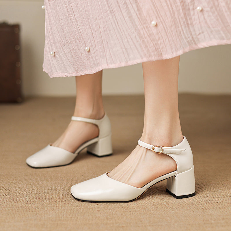 Women's Cutout Mary Jane Block Heel Sandals | Full-Grain Cowhide Square Toe Heels