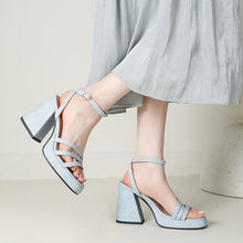 Load image into Gallery viewer, Women's Denim Strap Chunky Heel Sandals | Round Toe Block Heel | Light Blue, Dark Blue &amp; Gray