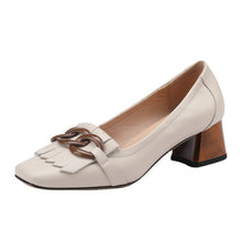Load image into Gallery viewer, Fringed Chunky Heel Peep-Toe Leather Shoes with Chain Detail - Women's Mid Heel Slip-On Dress Shoes