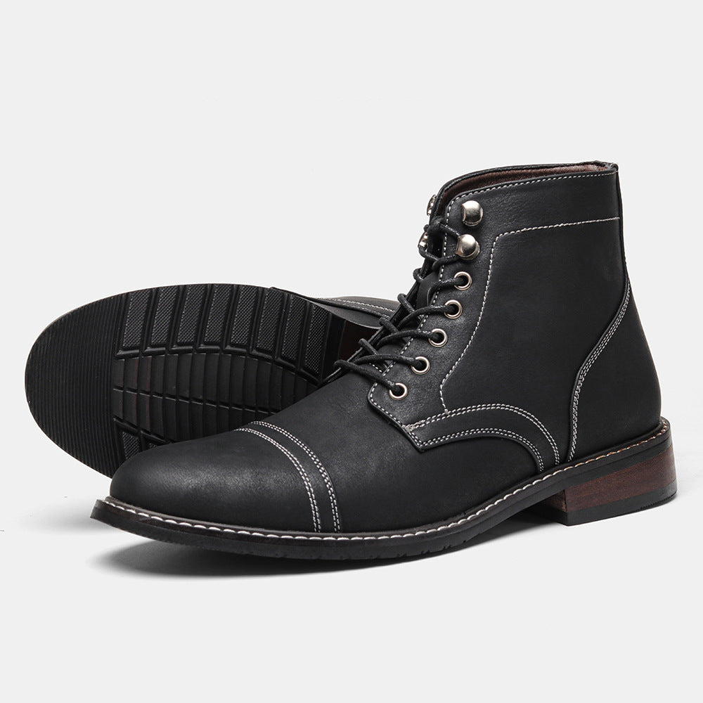 Men's Vintage Casual Leather Boots – Mid-Calf Wedge Heel, Rubber Sole, Stitched Paneling