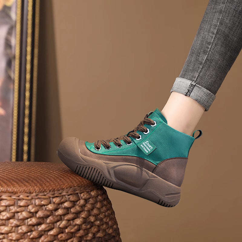 Women's High Top Lace-Up Boots | Thick Sole Height Increasing | Genuine Leather | Coffee Green Red