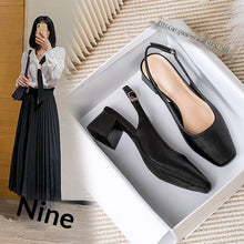 Load image into Gallery viewer, Women's Square Toe Chunky Heel Sandals | Genuine Leather Buckle Closure | Mid Heel Summer Shoes