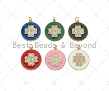 Load image into Gallery viewer, CZ Gold Clover On Green/Pink/Black/White/Red/Blue Enamel Round Coin Shape Pendant, 18K Gold Enamel Charm, Enamel Jewelry, 25x28mm,Sku#B131