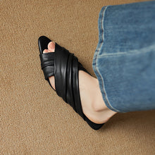 Load image into Gallery viewer, Women's Ruched Lambskin Slide Sandals | Square-Toe Handmade Leather Flat Mules