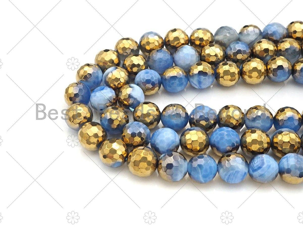 Half Gold Plated Blue Agate Beads, 8mm/10mm/12mm Round Faceted Gold Light Blue Beads, 15.5 Full Strand, sku# UA140