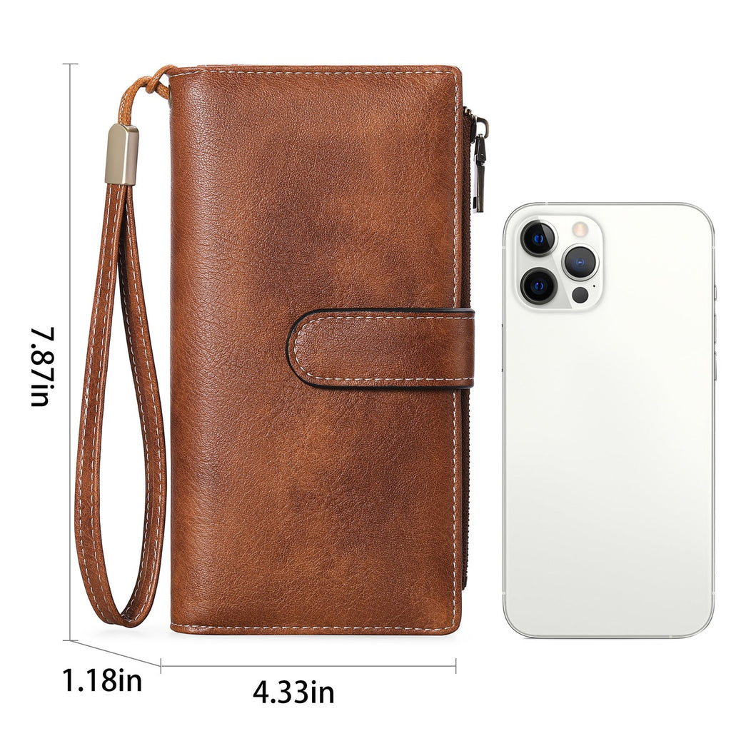 Women's Vintage Tri-Fold Wallet with RFID Protection - Oil Wax Leather Long Purse