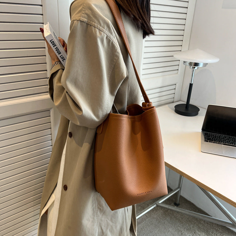Women's Retro Bucket Bag - High-Capacity PU Leather Shoulder Bag with Compartments