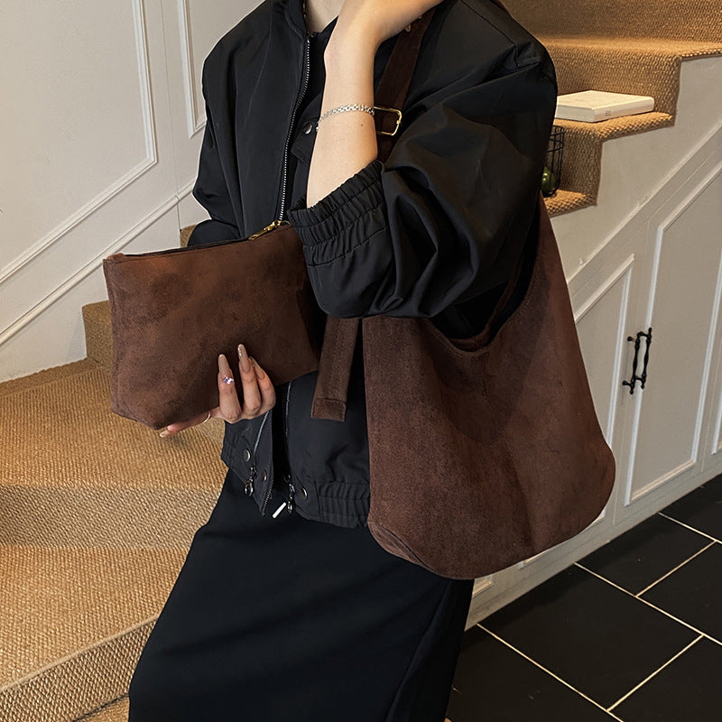 Women's Suede-Texture Bucket Shoulder Bag – Large Capacity Underarm Handbag