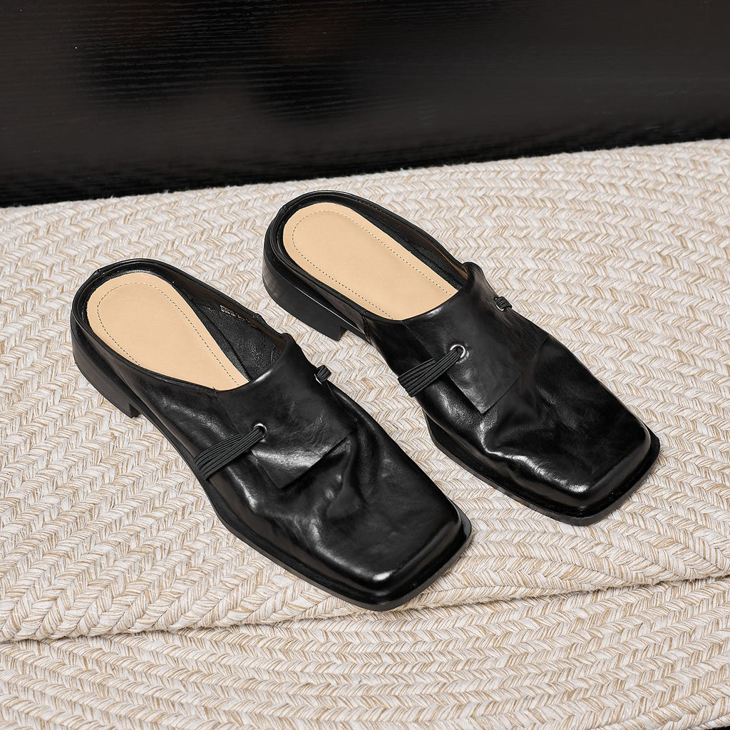 Women's Square Toe Leather Mule Slides | Full-Grain Calfskin Slip-On Low Heel
