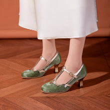 Load image into Gallery viewer, Women's Velvet Platform Heels | Petal T-Strap Stiletto Party Shoes