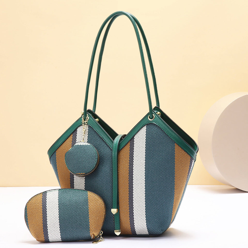 Women's PU Leather Tote Bag - High Capacity Shoulder Handbag with Color Block Design