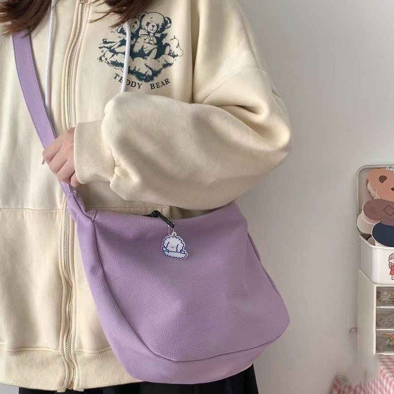 Women's Waffle Weave Shoulder & Crossbody Bag – Dumpling Shape with Puppy Charm