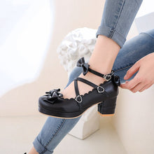 Load image into Gallery viewer, Women's Retro Cute Bow-Clasp Chunky Heel Pumps | Round Toe Block Heels