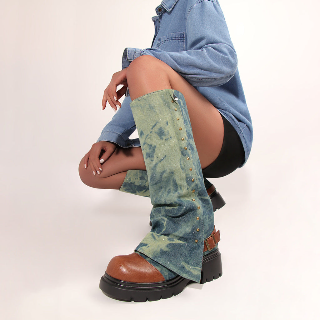 Women's Round Toe Studded Chunky Platform Boots | Low-Top Slip-On | Dark Blue, Purple, Green