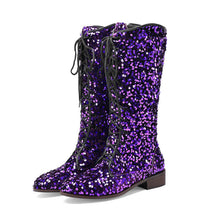 Load image into Gallery viewer, Women's Glitter Sequin Over-the-Knee Boots | Chunky Mid Heel, Lace-Up, Round Toe