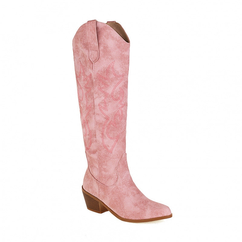 Women's Western Cowboy Embroidered High-Heel Boots – Chunky Heel Slip-On