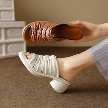 Load image into Gallery viewer, Women's Ruched Slide Sandals | Genuine Lambskin Block Heel Open-Toe Mules