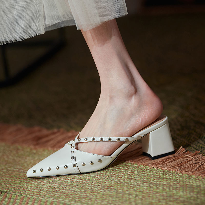 Women's Chunky Block Heel Pointed Toe Studded Slip-On Shoes | PU Leather Korean Style Heels