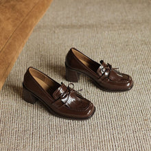 Load image into Gallery viewer, Women's Bow-Tie Chunky Heel Leather Pumps – Round Toe Mid-Cut Block Heel Shoes