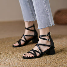 Load image into Gallery viewer, Women's Brown Strappy Stiletto Heels – Vintage Roman Square Toe Sandals with Back Zipper
