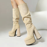 Women's Stretch Suede Waterproof Chunky High Heel Boots | Side Zipper | Sarah Express