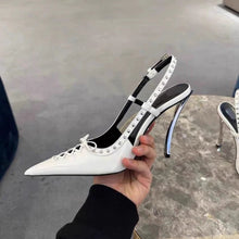 Load image into Gallery viewer, Women's Pointed-Toe Stiletto Heels | Rivet-Back Lace-Up High Heels | Black &amp; White