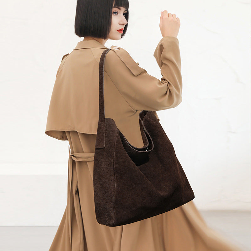 Women's Minimalist Suede Leather Tote Bag - Genuine Leather Shoulder Bag with Zipper Pockets