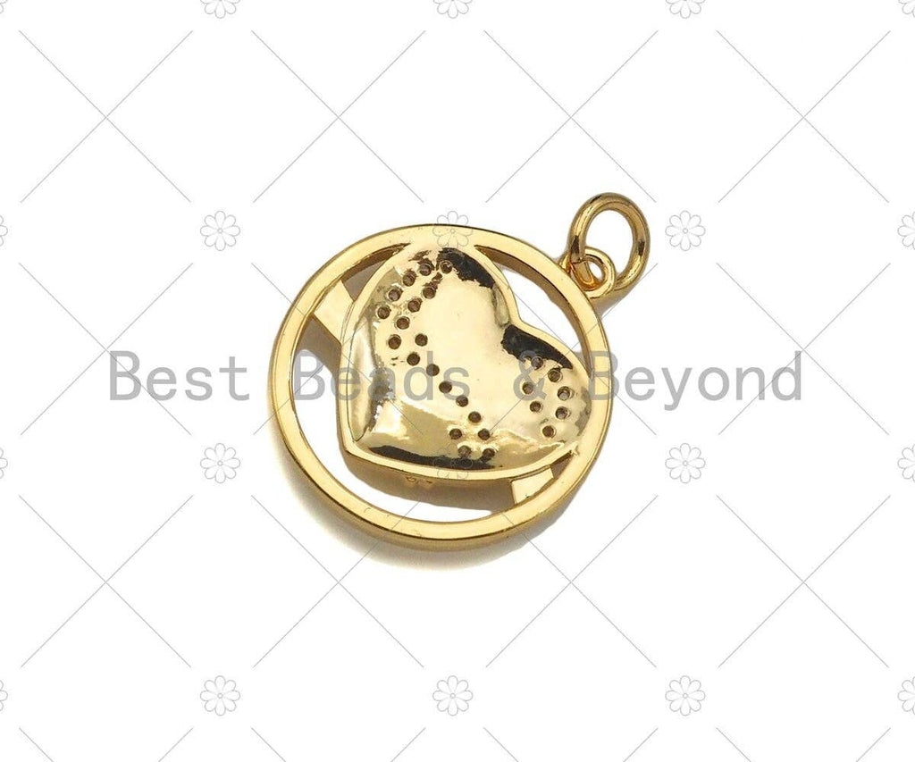 CZ Micro Pave Hug Heart On Round Ring Shape Pendant/Charm,CZ 14K Dainty Gold Charm, Necklace Bracelet Charm Pendant,16x19mm,Sku#CP18