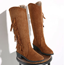 Load image into Gallery viewer, Suede Over-the-Knee Tassel Boots – Women's Brown Chunky Heel Slip-On