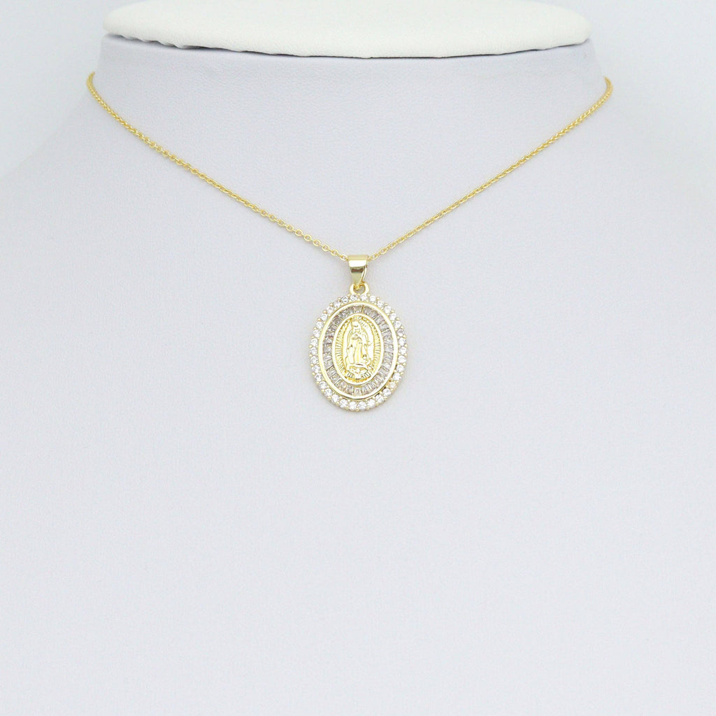 Clear Baguette CZ Gold Virgin Mary On Oval Charm Pendant, Sku#LX776