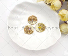 Load image into Gallery viewer, Filigree Round Gold Lacy Charm with Centered Colored Gemstone, Brushed Gold Charm, Twisted Wire Pendant, 19mm, sku#CP15