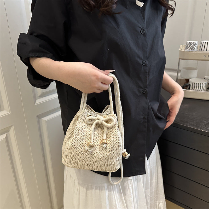Women's Woven Straw Bucket Bag - Casual Crossbody Shoulder Bag with Adjustable Strap