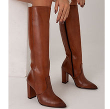 Load image into Gallery viewer, Women's Thigh High Boots – Pointed Toe Chunky Heel Side Zip | Brown &amp; Black | Sizes 34–43