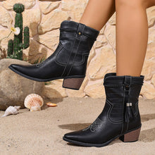 Load image into Gallery viewer, Women's Pointed-Toe Square-Heel Mid-Calf Denim Boots - Vintage Slip-On Boots