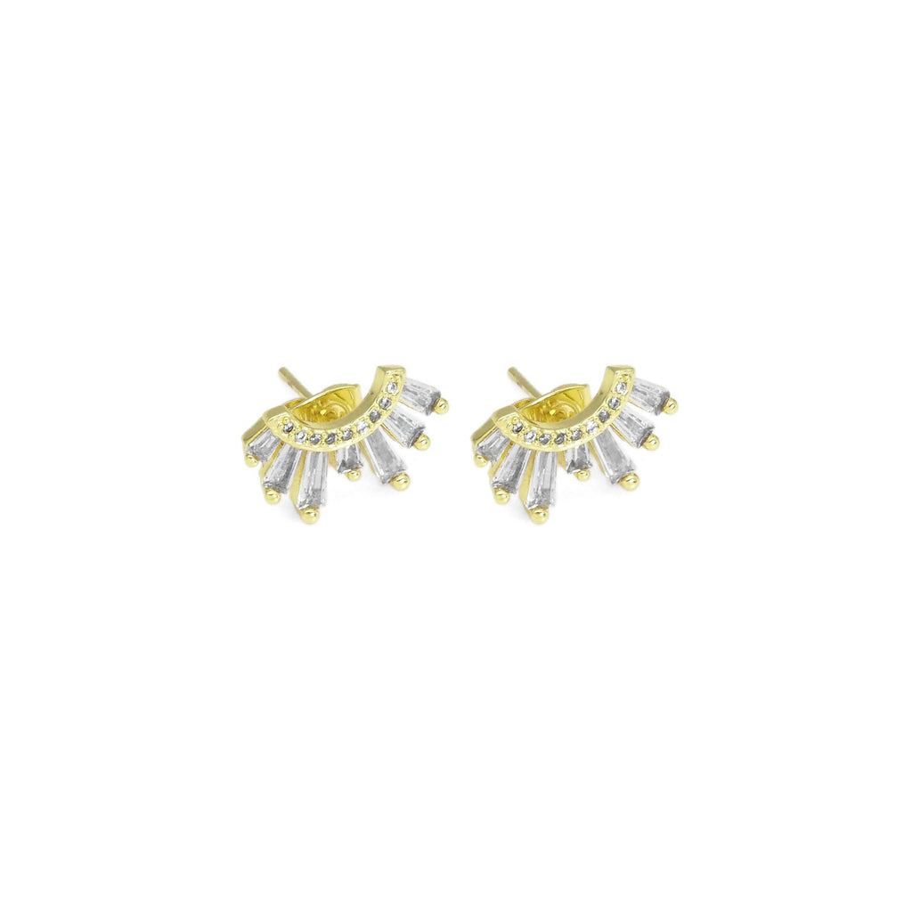 Gold Baguette CZ Half Circle Radial Stud Earrings, Sku#LX424c