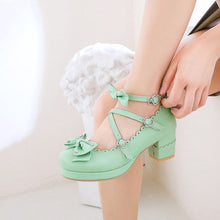 Load image into Gallery viewer, Women's Retro Cute Bow-Clasp Chunky Heel Pumps | Round Toe Block Heels