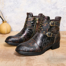 Load image into Gallery viewer, Women's Ethnic Rivet Buckle Boots - Cowhide Leather Fashion Ankle Boots with Side Zipper