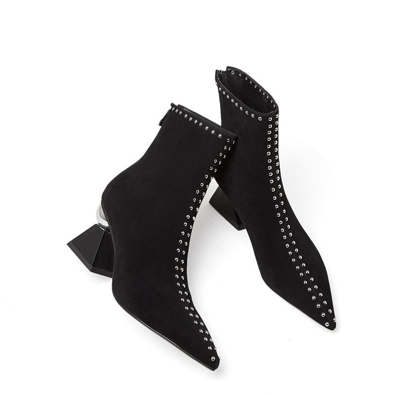 Women's Suede Pointed Toe Chunky Heel Ankle Boots – Back Zipper | Sizes 34–40