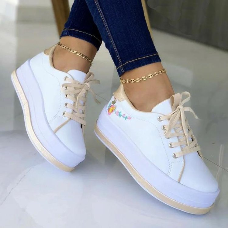 Women's Embroidery Platform Sneakers | Floral PU Lace-Up Chunky Sole Shoes