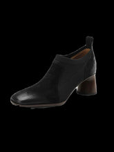 Load image into Gallery viewer, Women's Square Toe Chunky Heel Slip-On Pumps | Knitted Patchwork Leather High Heels | Black &amp; Brown