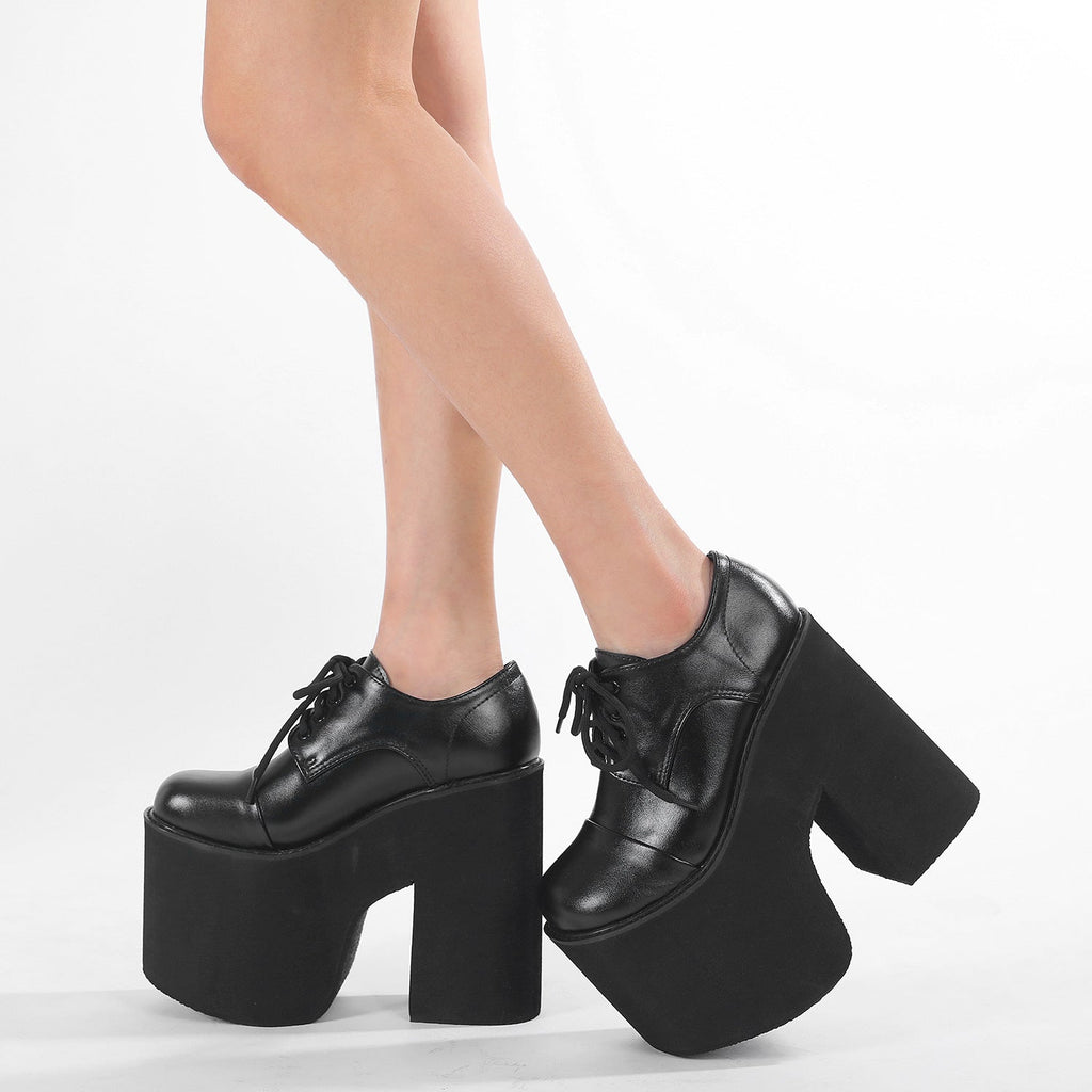 Women's Round-Toe Waterproof Platform Chunky-Heel Lace-Up Shoes | Black PU Leather