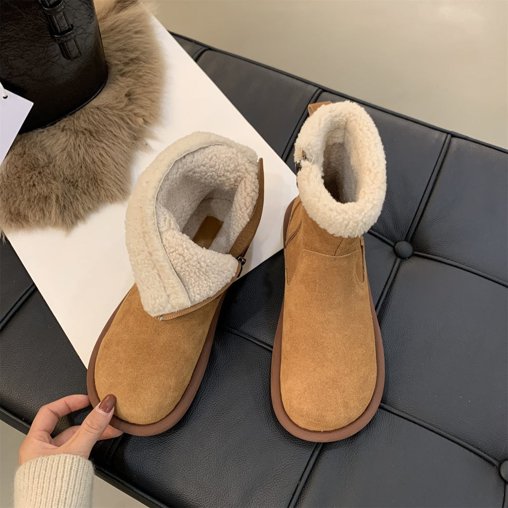 Women's Retro Furry Ankle Boots - Comfortable Side Zipper Low Shaft Boots