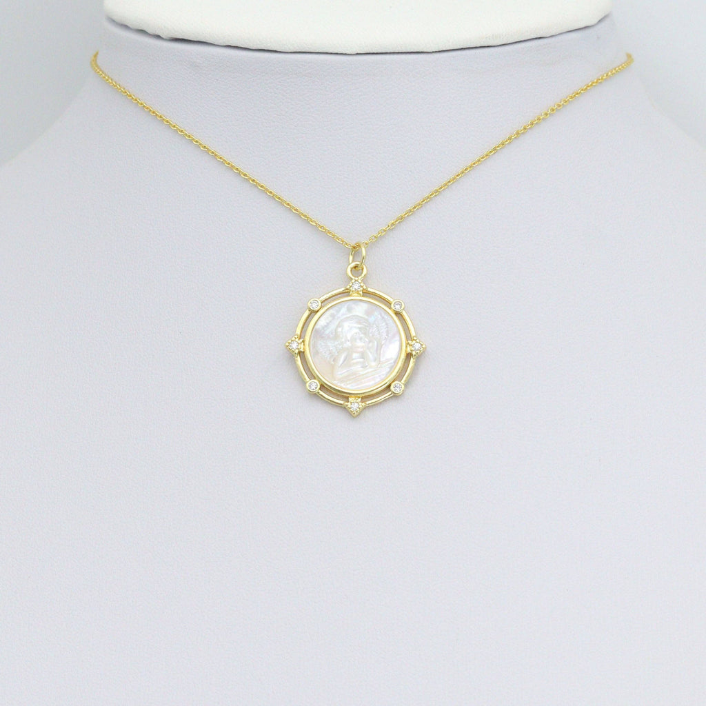 Clear CZ Angel On Round White Pearl Gold Charm Pendant, Sku#LX806