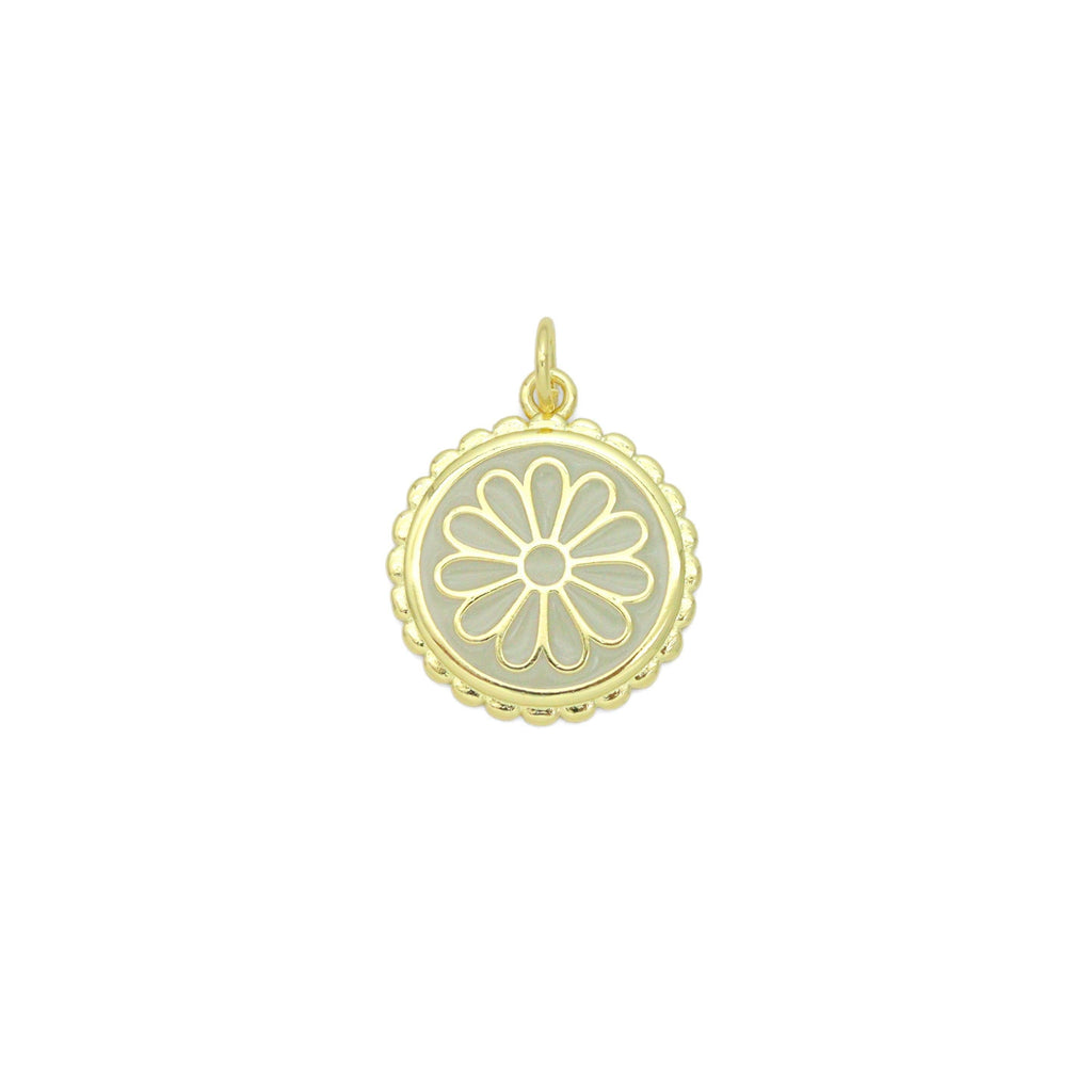 White Enamel Flower On Round Gold Charm Pendant, Sku#LX802