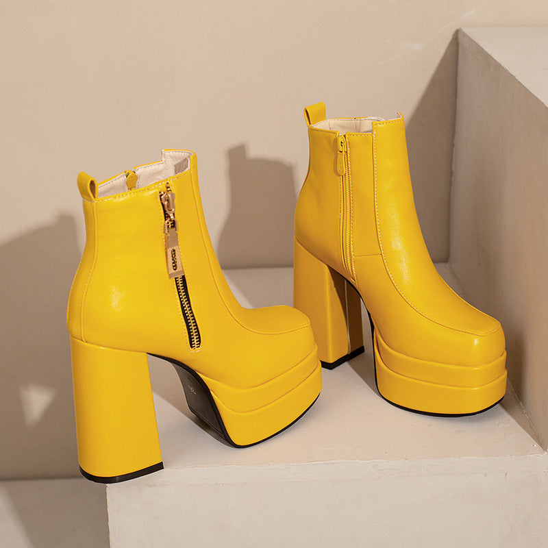 Women's Square Toe Chunky Heel Ankle Boots - Waterproof Platform Side Zipper Boots