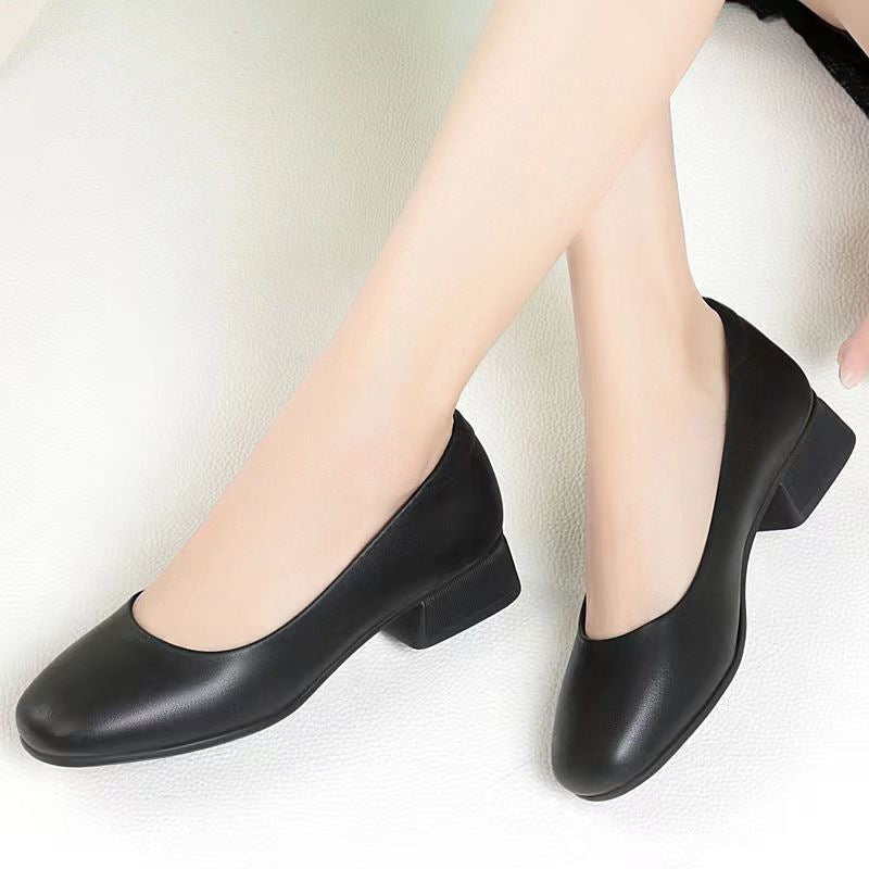 Women's Black Square Toe Chunky Low Heel Work Shoes – Microfiber Upper, Rubber Sole, Sizes 35–40