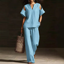 Load image into Gallery viewer, V-Neck Short Sleeve Top &amp; Straight-Leg Pants Set – Ripped Detail, Pockets, Solid Color