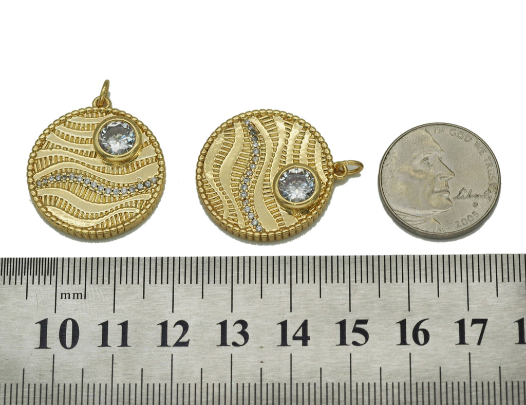Gold Big CZ Wave On Round Coin Charm, Sku#F1497C