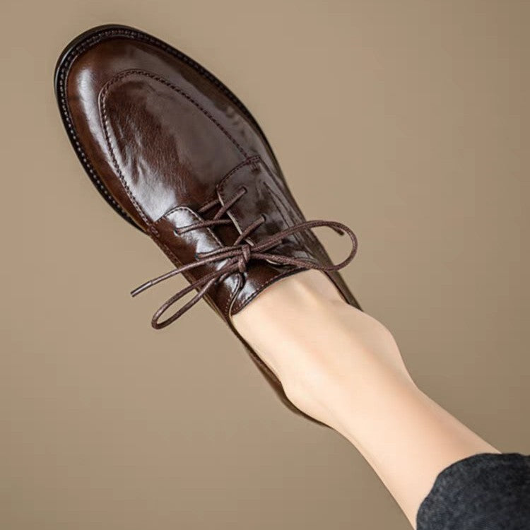 Women's Round Toe Chunky Heel Leather Loafers | Cowhide Upper Buckle Shoes